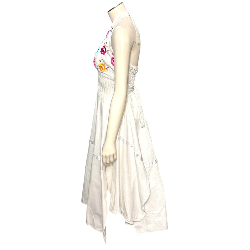 CCC Handmade White Halter Embroidered Floral Dress Asymmetrical Hi Lo Hem Trendy - Picture 5 of 12